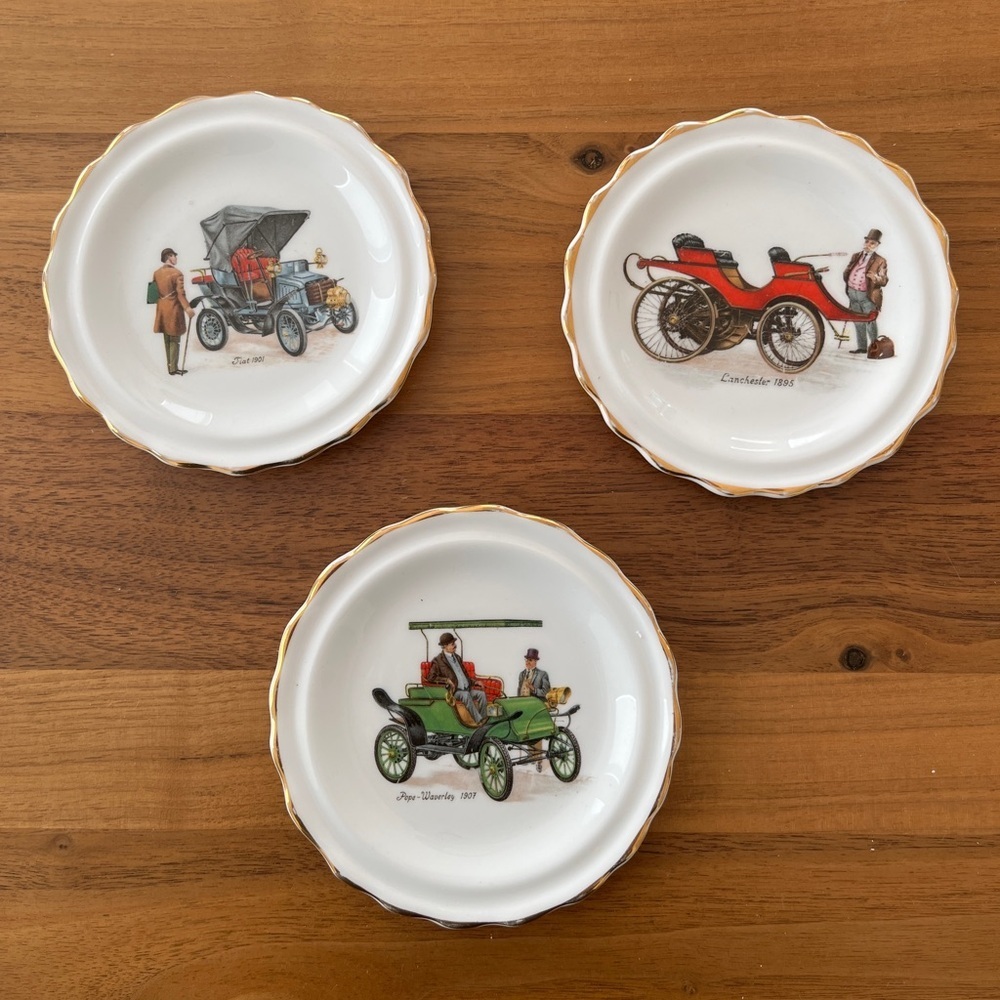 VINTAGE Royal Grafton Fine Bone China Set of 3 Coasters Antique Cars Gold Trim